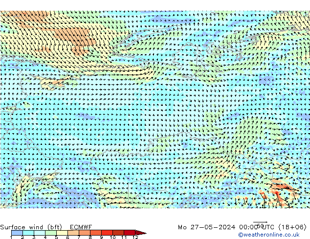 wiatr 10 m (bft) ECMWF pon. 27.05.2024 00 UTC