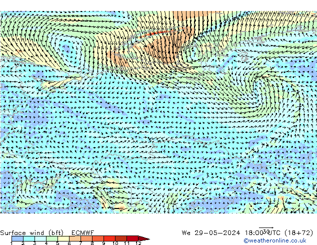 Viento 10 m (bft) ECMWF mié 29.05.2024 18 UTC