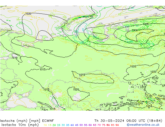 Isotachen (mph) ECMWF do 30.05.2024 06 UTC