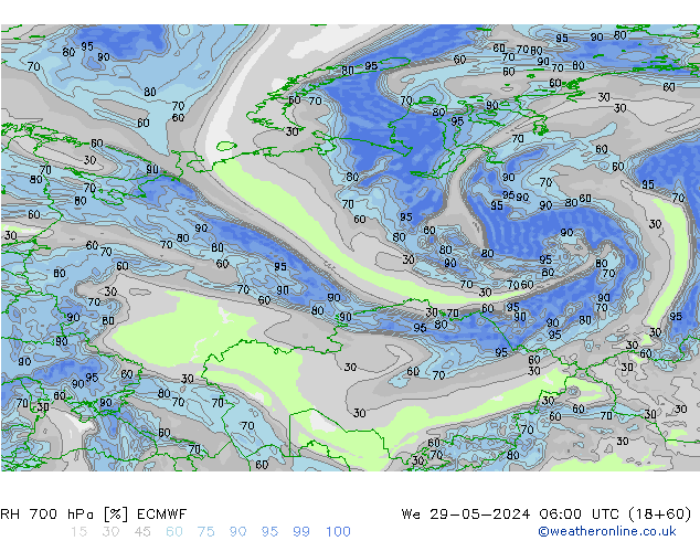 RH 700 hPa ECMWF Qua 29.05.2024 06 UTC