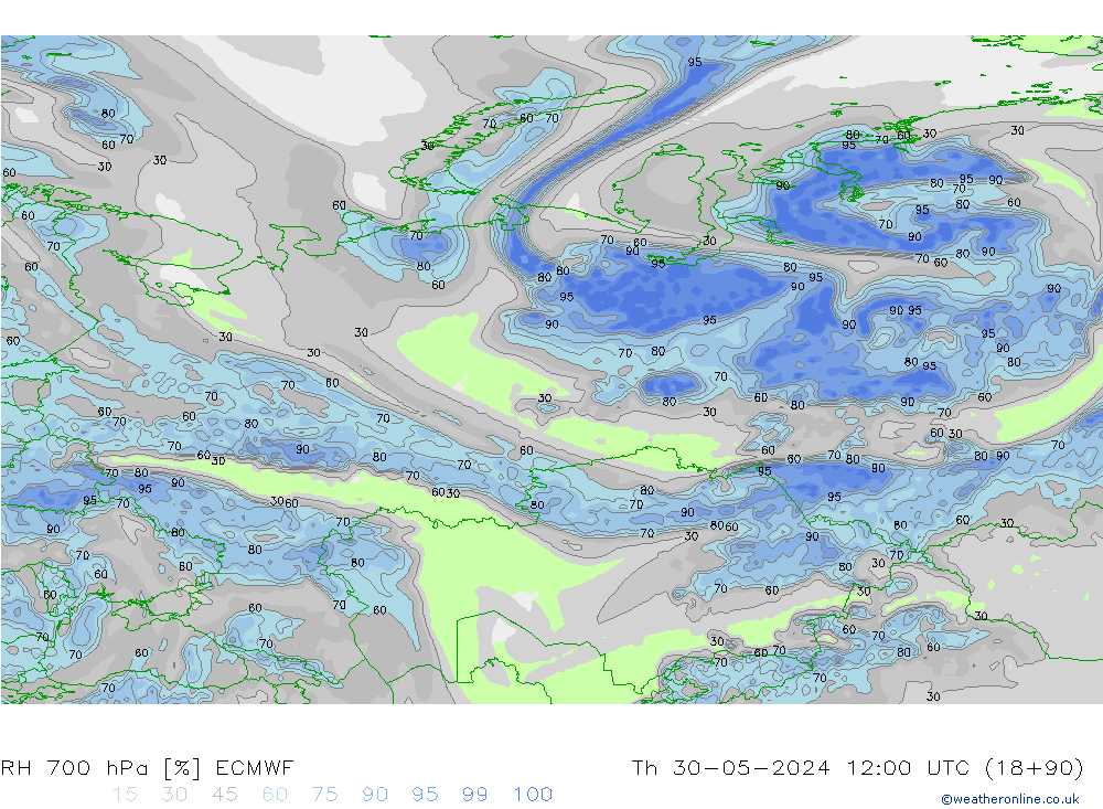 RH 700 гПа ECMWF чт 30.05.2024 12 UTC