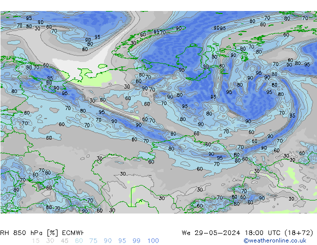 Humidité rel. 850 hPa ECMWF mer 29.05.2024 18 UTC