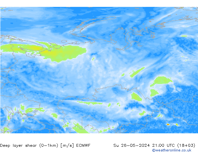 Deep layer shear (0-1km) ECMWF Su 26.05.2024 21 UTC