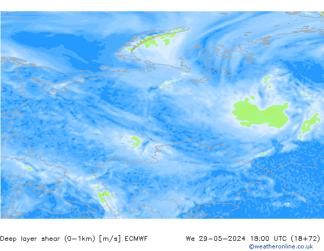 Deep layer shear (0-1km) ECMWF Qua 29.05.2024 18 UTC