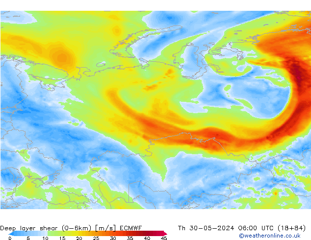 Deep layer shear (0-6km) ECMWF  30.05.2024 06 UTC