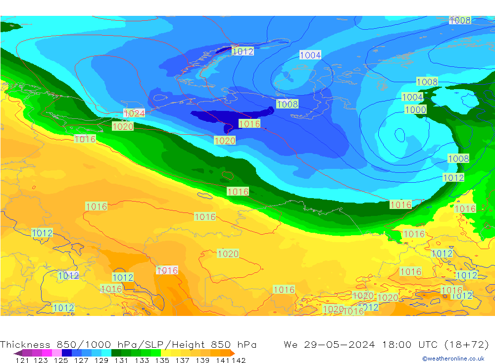 Thck 850-1000 hPa ECMWF Qua 29.05.2024 18 UTC