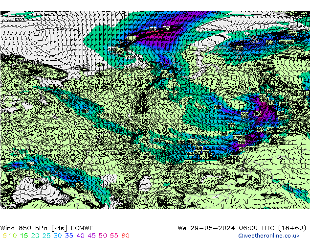 Vento 850 hPa ECMWF mer 29.05.2024 06 UTC