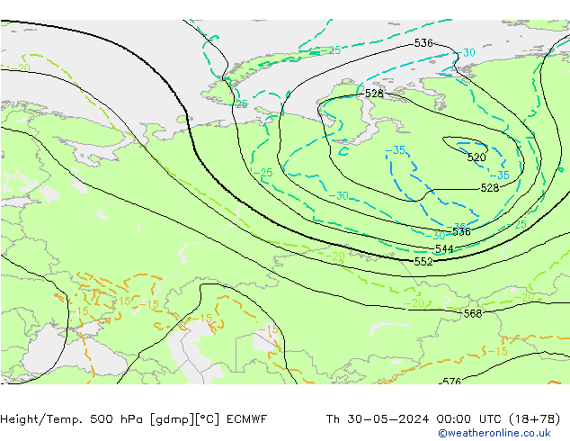 Z500/Rain (+SLP)/Z850 ECMWF czw. 30.05.2024 00 UTC