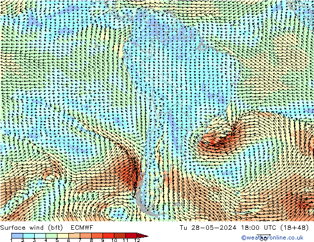 Vento 10 m (bft) ECMWF mar 28.05.2024 18 UTC