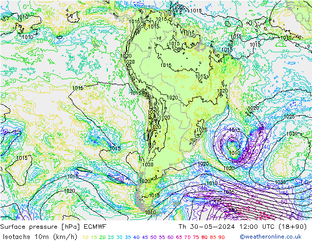 Izotacha (km/godz) ECMWF czw. 30.05.2024 12 UTC