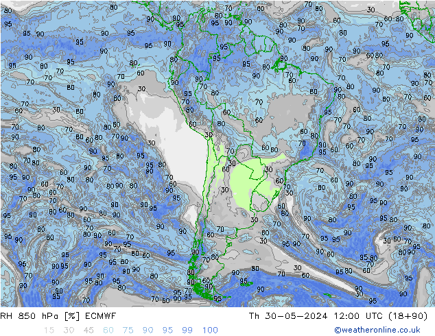 RH 850 hPa ECMWF gio 30.05.2024 12 UTC