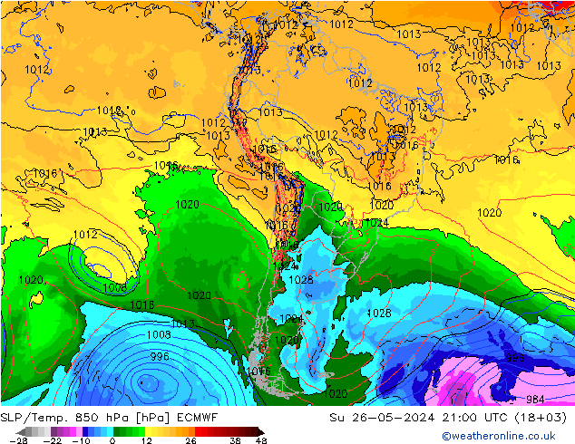 SLP/Temp. 850 hPa ECMWF zo 26.05.2024 21 UTC