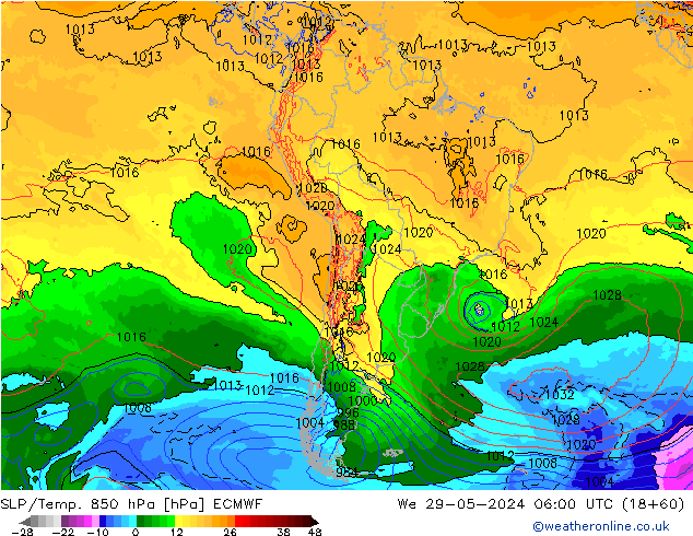 SLP/Temp. 850 hPa ECMWF mer 29.05.2024 06 UTC