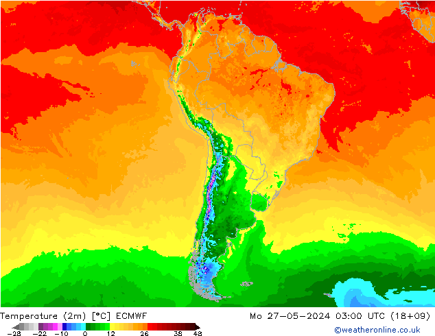 Temperatuurkaart (2m) ECMWF ma 27.05.2024 03 UTC