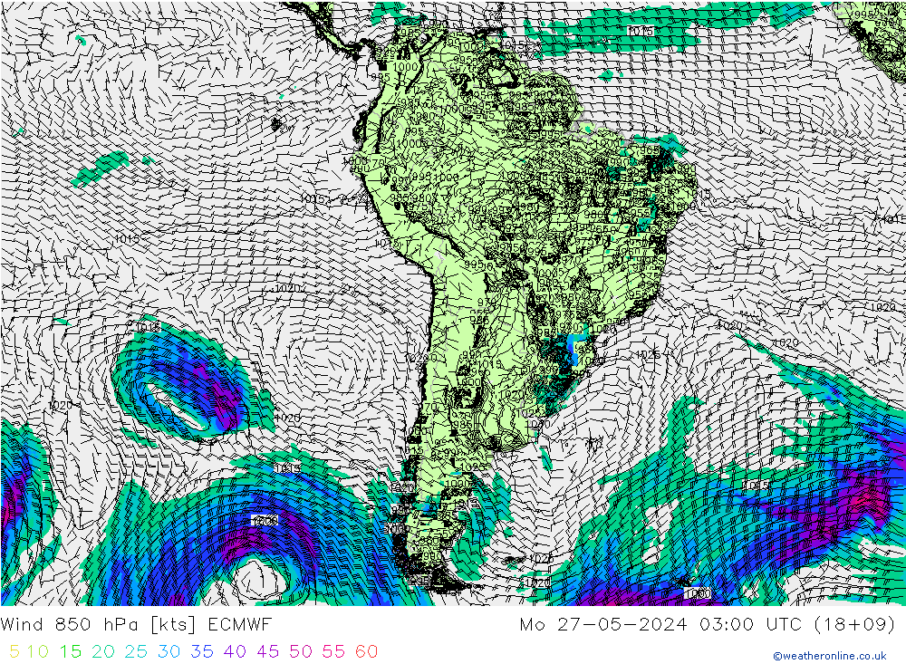 wiatr 850 hPa ECMWF pon. 27.05.2024 03 UTC