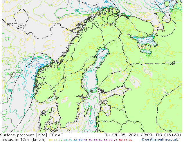 Isotaca (kph) ECMWF mar 28.05.2024 00 UTC