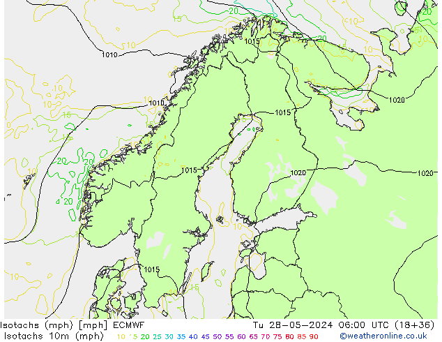 Isotachen (mph) ECMWF Di 28.05.2024 06 UTC