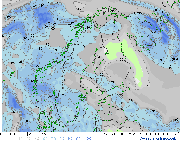 RH 700 hPa ECMWF dom 26.05.2024 21 UTC