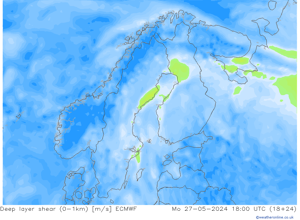 Deep layer shear (0-1km) ECMWF пн 27.05.2024 18 UTC