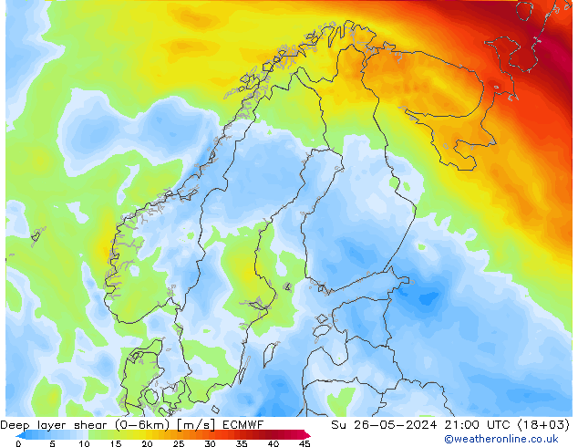 Deep layer shear (0-6km) ECMWF Su 26.05.2024 21 UTC