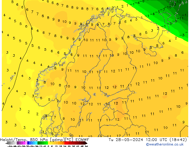 Height/Temp. 850 hPa ECMWF mar 28.05.2024 12 UTC