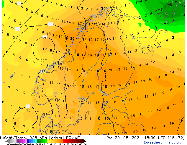 Hoogte/Temp. 925 hPa ECMWF wo 29.05.2024 18 UTC