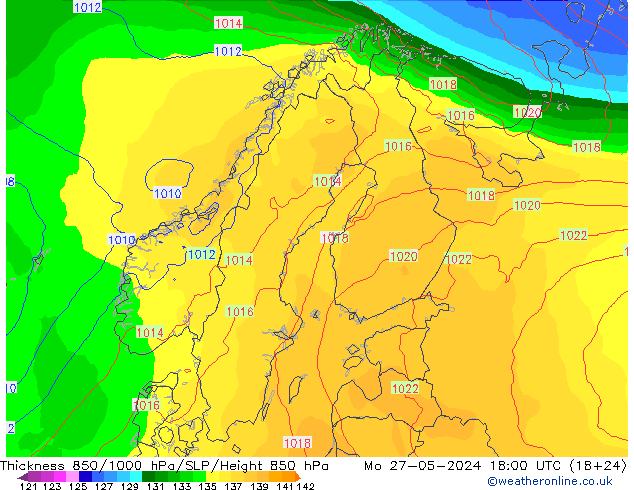 Dikte 850-1000 hPa ECMWF ma 27.05.2024 18 UTC