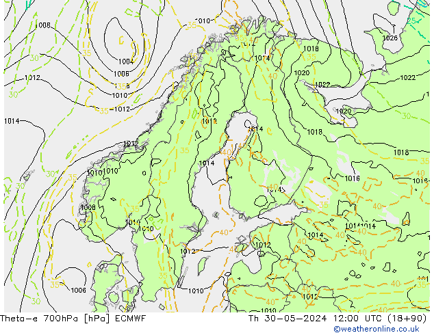 Theta-e 700hPa ECMWF Qui 30.05.2024 12 UTC