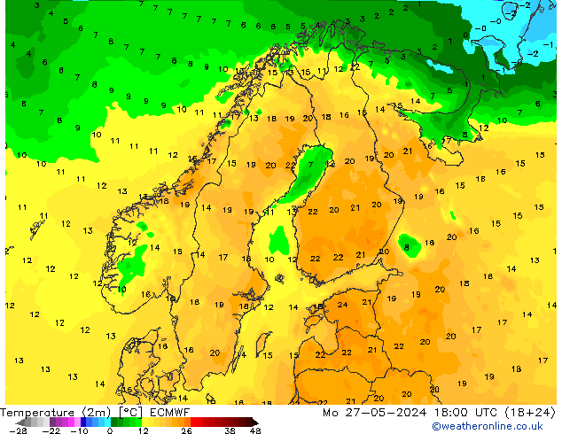 Temperature (2m) ECMWF Mo 27.05.2024 18 UTC