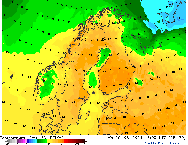 Temperature (2m) ECMWF We 29.05.2024 18 UTC