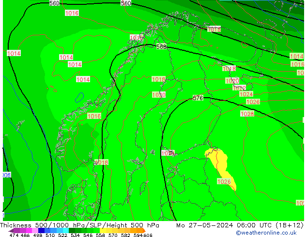 Espesor 500-1000 hPa ECMWF lun 27.05.2024 06 UTC