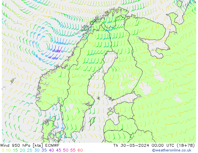 Wind 950 hPa ECMWF Čt 30.05.2024 00 UTC