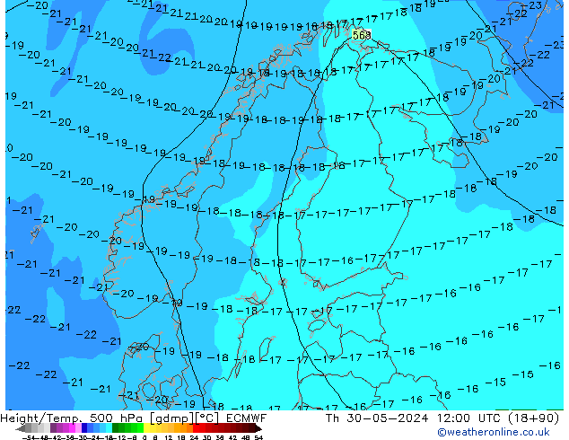 Height/Temp. 500 hPa ECMWF Qui 30.05.2024 12 UTC