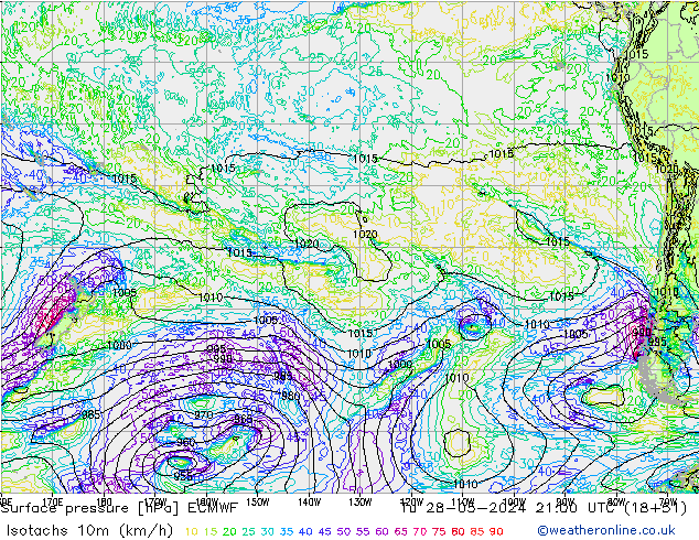 Isotachs (kph) ECMWF Tu 28.05.2024 21 UTC