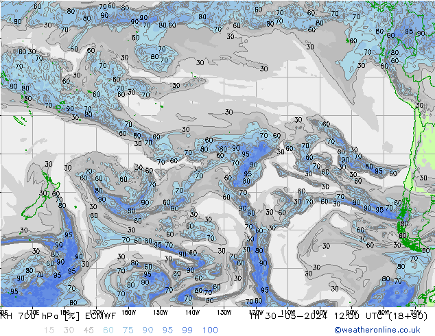 Humidité rel. 700 hPa ECMWF jeu 30.05.2024 12 UTC