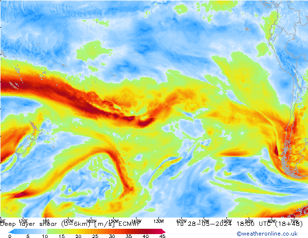 Deep layer shear (0-6km) ECMWF mar 28.05.2024 18 UTC