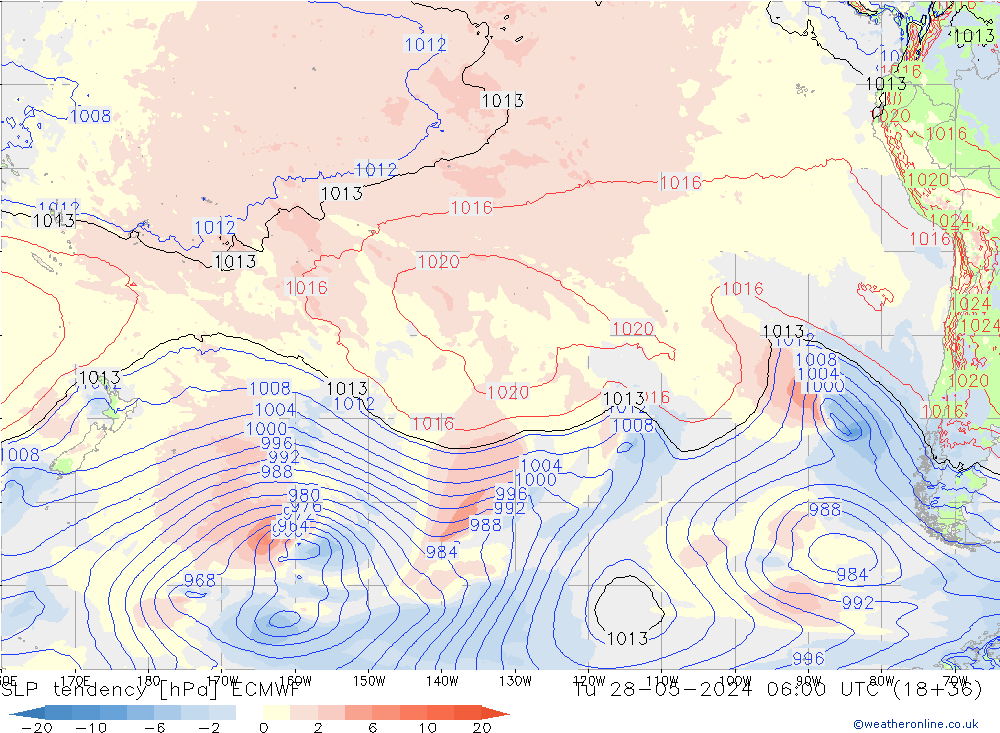 SLP tendency ECMWF Út 28.05.2024 06 UTC