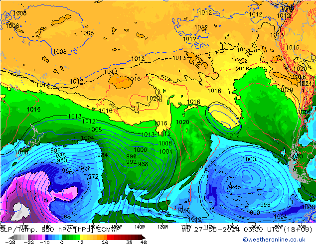 SLP/Temp. 850 hPa ECMWF Seg 27.05.2024 03 UTC