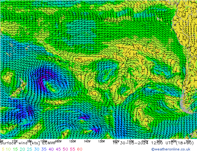 Vento 10 m ECMWF Qui 30.05.2024 12 UTC