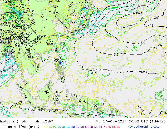 Isotachs (mph) ECMWF Mo 27.05.2024 06 UTC