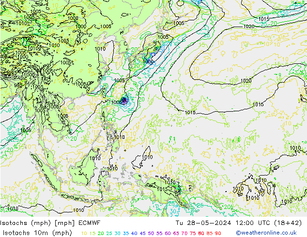 Isotachs (mph) ECMWF Tu 28.05.2024 12 UTC