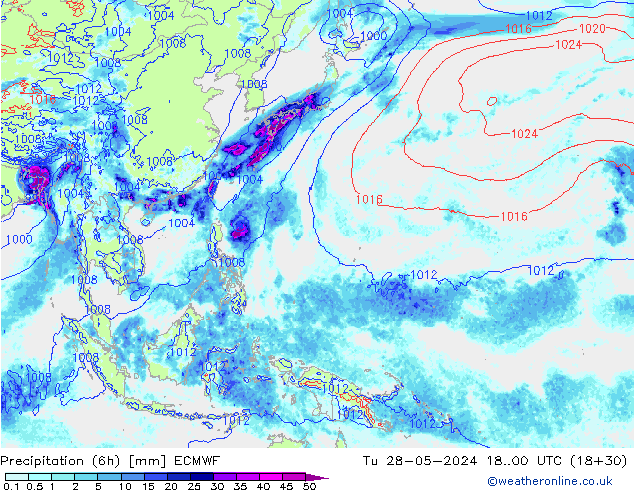 Precipitation (6h) ECMWF Út 28.05.2024 00 UTC