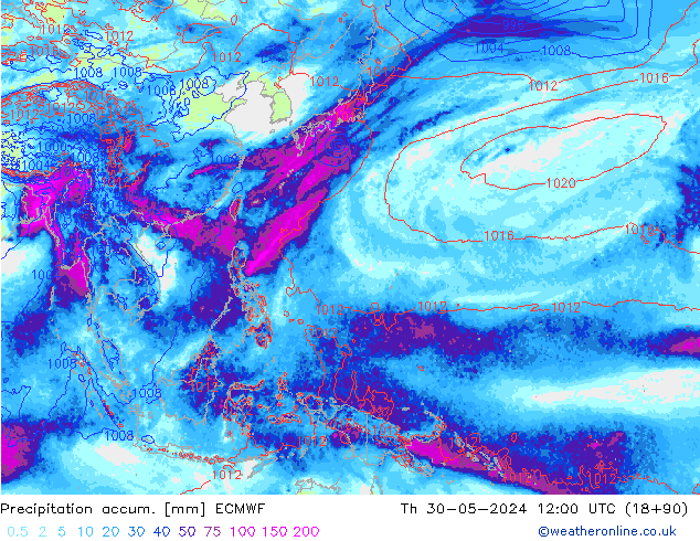 Totale neerslag ECMWF do 30.05.2024 12 UTC