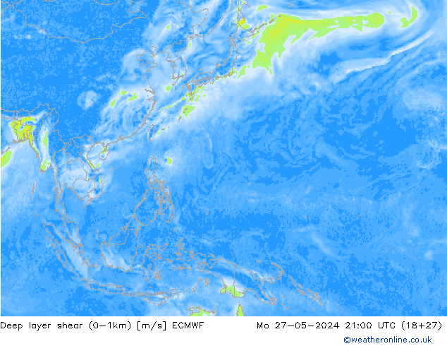 Deep layer shear (0-1km) ECMWF lun 27.05.2024 21 UTC