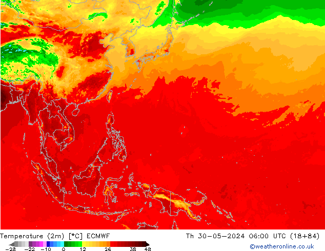 Temperatuurkaart (2m) ECMWF do 30.05.2024 06 UTC