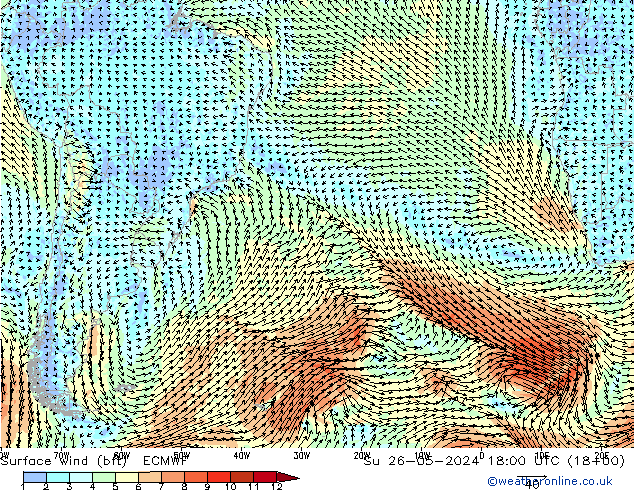 Surface wind (bft) ECMWF Su 26.05.2024 18 UTC