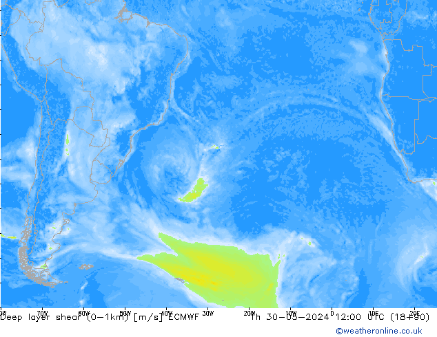 Deep layer shear (0-1km) ECMWF Do 30.05.2024 12 UTC