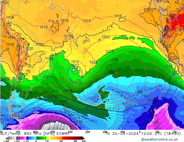 SLP/Temp. 850 hPa ECMWF do 30.05.2024 12 UTC