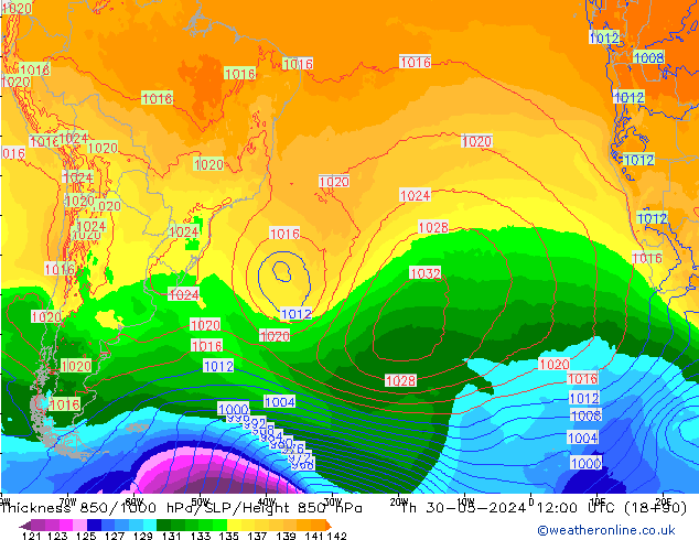 Dikte 850-1000 hPa ECMWF do 30.05.2024 12 UTC