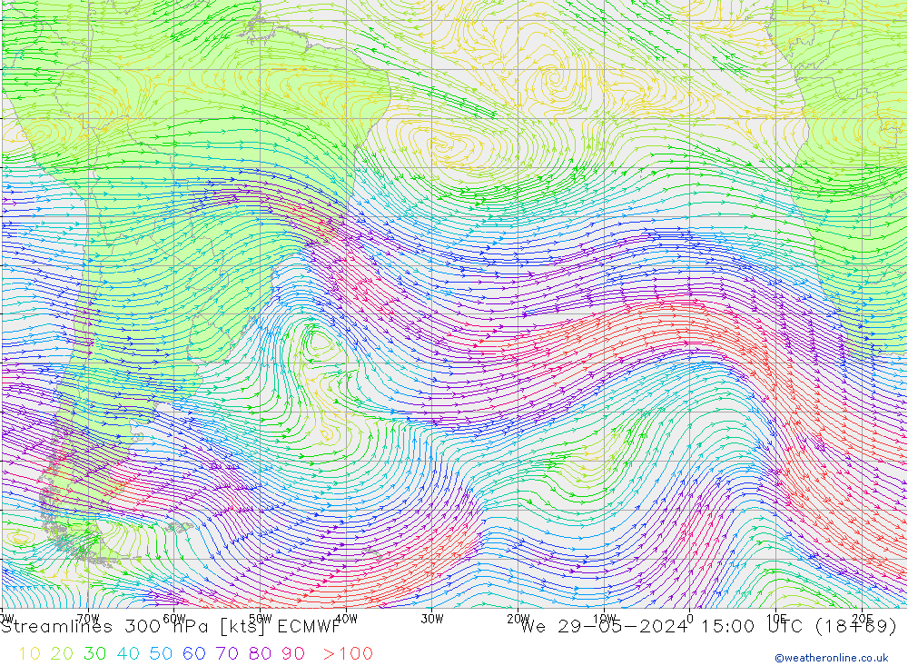 Stroomlijn 300 hPa ECMWF wo 29.05.2024 15 UTC